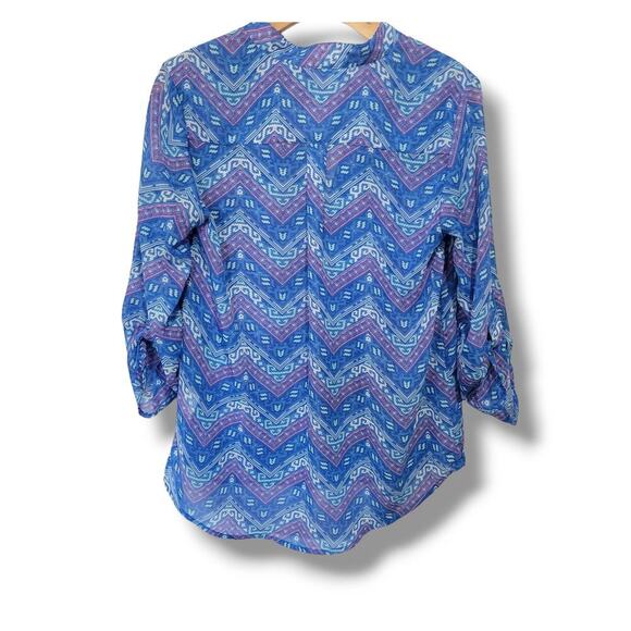 Derek Heart Women’s Blue Chevron Semi-Sheer V-Neck Long Sleeve Blouse | Size M - Picture 2 of 8